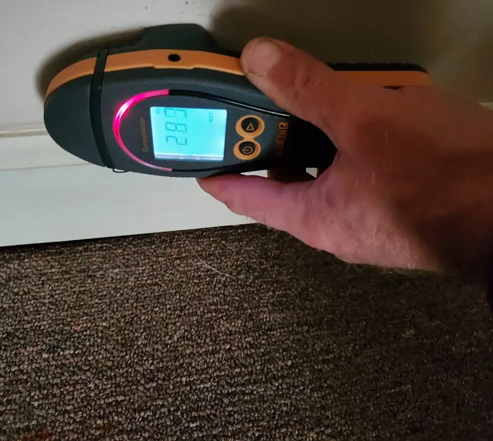 Moisture detection at baseboard during Burst Pipe Cleanup in Tillamook
